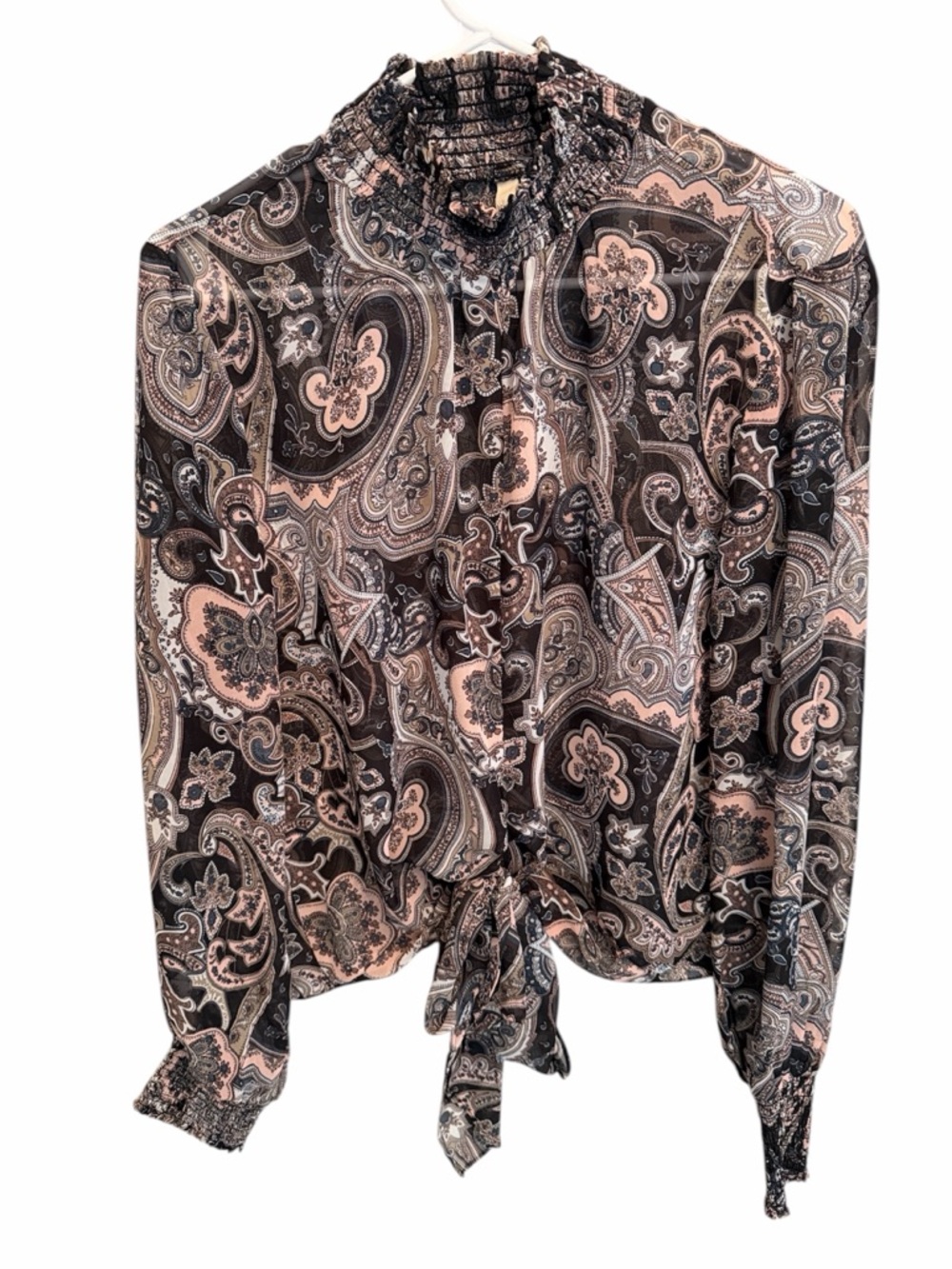 Elan Black and Pink Paisley Tie-Front Smocked Blouse. Size Medium